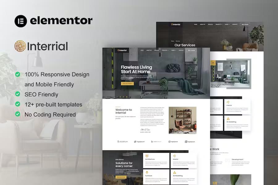 Interrial – Interior Design Service Elementor Template Kit Latest Version